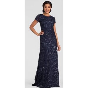 Adrianna Papell Scoop Back Navy Sequined Gown - Women’s Size 10 (Altered Length)